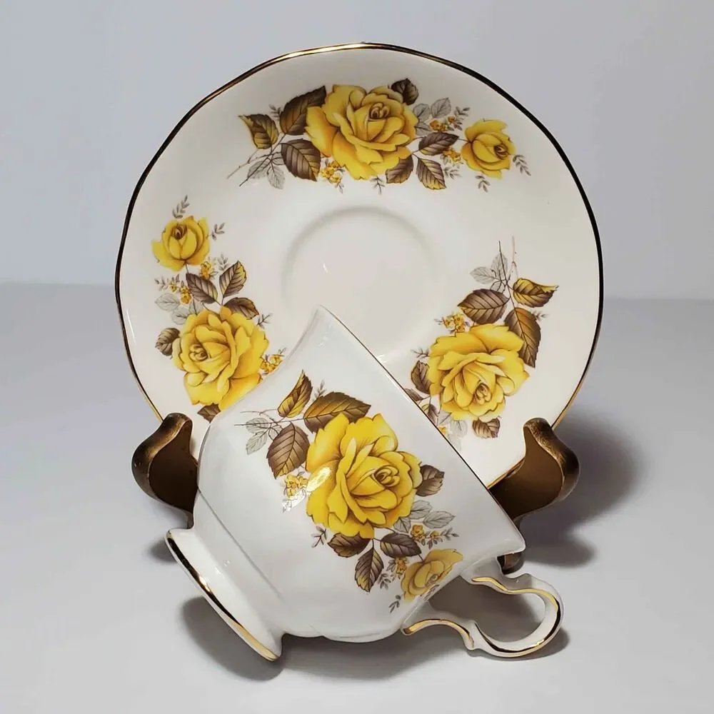 Queen Anne Teacup and Saucer Yellow Roses Vintage